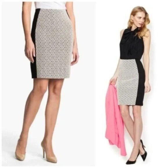 Diane Von Furstenberg White & Black "Mahalia Chains Lace" Pencil Skirt, Size 10 - Picture 1 of 7